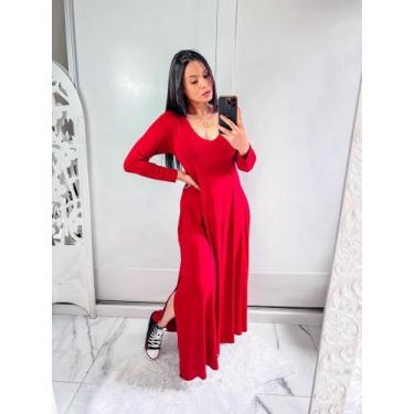 Imagem de Vestido gola V manga longa com bolço e fenda lateral  - Mk Modas, Verm