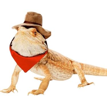 Imagem de 2 peças, chapéu de cowboy de dragão barbudo e bandana fantasia de réptil de lagarto de Halloween legal boné de animal pequeno para hamster traje cosplay esculpido (vermelho com marrom)
