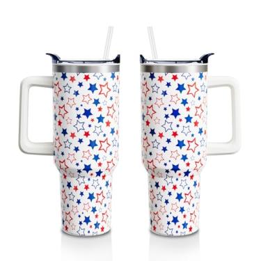 Imagem de Aokoyi Copo copo de 4 de julho de 1,134 g com alça e palha, presentes de estrelas vermelhas e azuis para mulheres e homens, garrafa de água isolada de aço inoxidável patriótico, 1 peça