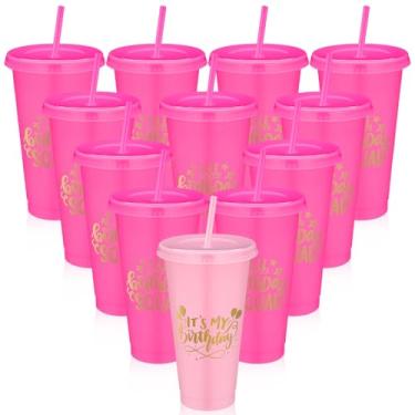 Imagem de Jingmore Copos de plástico de esquadrão de 680 g com tampa e canudo para decorações de aniversário de 20, 30, 40, 50, 60 anos, lembrancinha para mulheres e adultos (rosa, vermelho rosa, 12 peças)