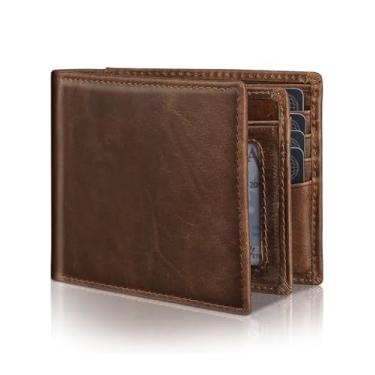 Imagem de Carteira masculina de couro genuíno com bloqueio de RFID com 14 compartimentos para cartão, janela para identidade e 2 bolsos para dinheiro – Inclui caixa de presente, Marrom café, Clássico