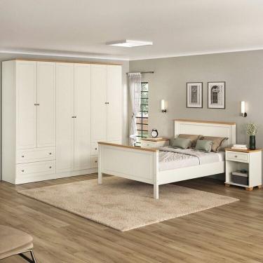 Imagem de Conjunto Cama Casal, Guarda-Roupa 6 Portas 2 Mesas de Cabeceira Ananda CabeCasa MadeiraMadeira Off White/Mel