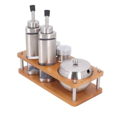Imagem de Dispensadores de Condimentos de Cozinha Definem Garrafas de Vinagre de Aço Inoxidável Elegantes Definidas para Açúcar Salgado, Base de Madeira para Jantar Em Casa