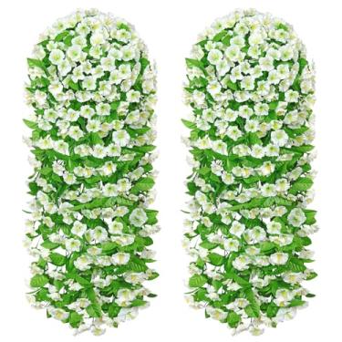 Imagem de Dremisland Plantas artificiais falsas para pendurar ao ar livre, 2 peças, roxo falso, videira à direita, resistente a UV, flores penduradas para uso externo, interior, varanda, pátio (branco, 2 peças)