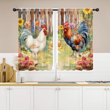 Imagem de EGLGCC Cortinas de cozinha Farmhouse 70,5 x 99 cm C pequena mini galo floral rústico colorido campo aquarela bolso para varão de galinha camadas curtas para cortinas de janela de café tecido de