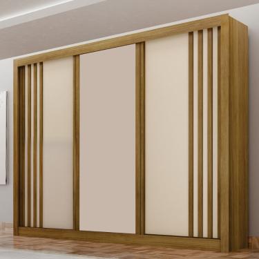 Imagem de Guarda Roupa Casal Ripado 3 Portas de Correr Em MDF Milano Leifer - Cinamomo/Off White