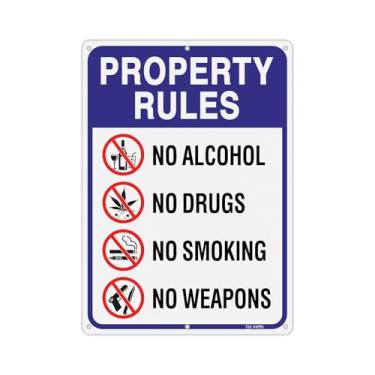 Imagem de T&R Placa de regras de propriedade grande, sem álcool, sem drogas, não fumar, sem armas, 35,5 x 25,4 cm, livre de ferrugem, refletora de alumínio 040 - Proteção UV, impermeável e resistente ao