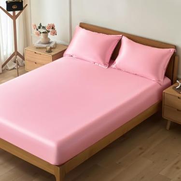 Imagem de VACVELT Jogo de lençol com elástico de cetim de 2 peças, solteiro, GG, rosa com 1 fronha, semelhante a lençóis de seda, conjunto de cama luxuoso e sedoso, bolso profundo de 38 cm