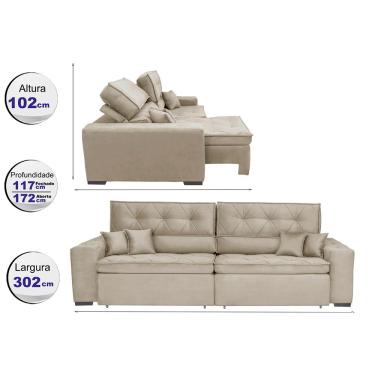 Imagem de Sofá Austin. 3,02m Retrátil, Reclinável, Molas no Assento e Almofadas, Tecido Suede Velusoft Bege