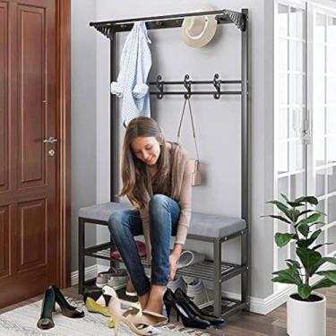 Imagem de 5 Em 1 Cabide Banco De Sapato Árvore Sapateira Com Suporte De Guarda-chuva Prateleira Superior Estrutura De Metal Rack Banquinho Para Hall De Entrada - L 80/100cmx W 33cmx H 170cm, Black, 100X33X170CM