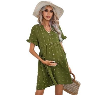 Imagem de KOJOOIN Vestido de verão com bolinhas suíças para gestantes, gola V, manga curta, abotoado, para chá de bebê, sessão de fotos com bolsos, Verde militar, XGG