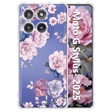 Imagem de Tcaraersing Capa transparente para Motorola Moto G Stylus 2025 com design de flor, atualizada [proteção total da câmera] à prova de choque canto transparente TPU macio para meninas mulheres capa