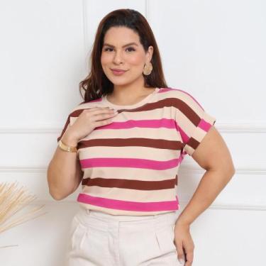 Imagem de Blusa Plus Size Listrada Feminina T-Shirt Manga Curta Dobrada Casual -