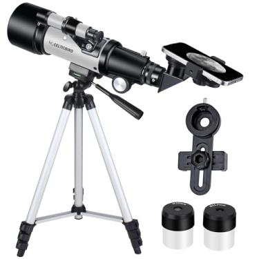 Imagem de Telescópio para crianças iniciantes, 70 mm abertura 400 mm telescópio refratário astronômico para adultos estudantes - telescópios de viagem com tripé, adaptador de telefone (prata)
