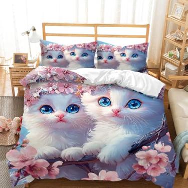 Imagem de AILONEN Conjunto de capa de edredom infantil de gato fofo, tamanho Queen, lindo gato de fada e meninas, capa de edredom kawaii com flor rosa, 1 capa de edredom com 2 fronhas, 3 peças