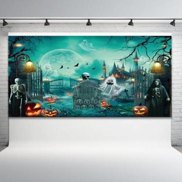 Imagem de Pano de fundo de Halloween 6 x 3 m cenário de festa assustador de Halloween assustador portão de cemitério crânio lápide de horror lanterna de abóbora fundo fotográfico imagem assustadora banner
