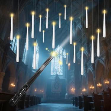 Imagem de Eebuss Velas flutuantes sem chama com varinha mágica, 20 peças de velas de LED cintilantes para pendurar, vela cônica operada por bateria com controle remoto para crianças, presente de Halloween