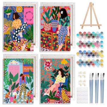 Imagem de GHHKUD Pacote com 4 tintas emolduradas por números para mulheres em casa para adultos e crianças, pintura de jardim fácil DIY por números com suporte de madeira para moldura, arte em tela, presentes