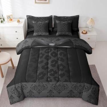 Imagem de Conjunto de cama solteiro com laço preto, 7 peças, de pele de leopardo, boêmio, mandala, patchwork, para crianças, moderno, laço, chique, estilo princesa, conjunto de edredom com lençóis, fronhas
