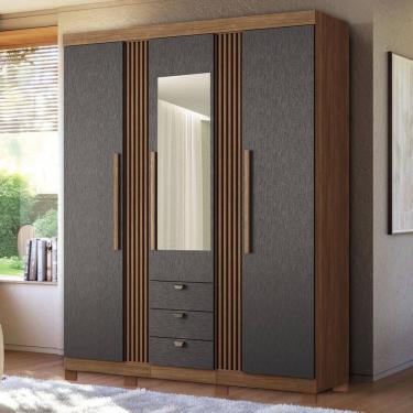 Imagem de Guarda-Roupa Casal Aurora 3 Portas 3 Gavetas com Espelho Ripado Jatoba/Grafite - Santos Andirá