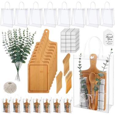 Imagem de 8 conjuntos de prêmios de chá de bebê para vencedores de jogos de chá de bebê, presentes para convidados, tábuas de queijo, colheres, garfos, toalha xadrez artificial, hastes de eucalipto, etiquetas