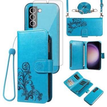 Imagem de Asuwish Capa de celular para Samsung Galaxy S23 Plus S23+ 5G com zíper carteira de celular com alça protetora de tela de vidro temperado, porta-cartões de flores S23plus 23S + S 23 23+ SM-S916U 16.8