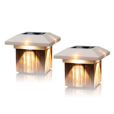 Imagem de Kemeco Luzes de tampa de poste solar para postes 4 x 4, pacote com 2 lâmpadas brancas quentes LED movidas a energia solar à prova d'água branca para poste de vinil de madeira