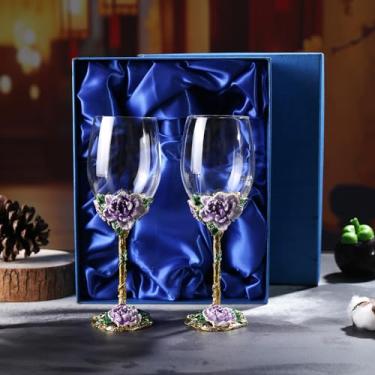 Imagem de Simcat Taças de vinho esmaltadas pintadas à mão em vidro transparente refinado, haste para cabernet, presentes (caixa de presente dupla roxa, flor grande)