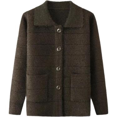 Imagem de Mulheres Malha Cardigan Suéter Meia-idade Idoso Suéter Cardigan Single-breasted Casacos De Lapela, Red Wine, XL