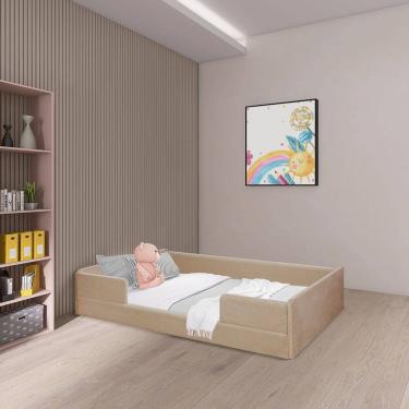 Imagem de Cama Infantil Montessoriana Luana em Madeira Maciça com Revestimento em Tecido Bege