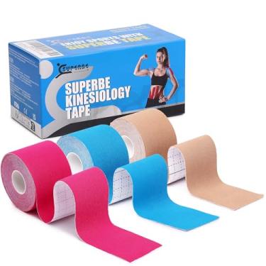 Imagem de Kinesiology Tape K Fita esportiva com 3 rolos, fita cinética para suporte das articulações e alívio da dor muscular, fita de joelho, 5 cm x 5 m (bege, azul, rosa)