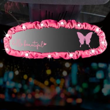 Imagem de Dotesy 3 peças de capa de espelho retrovisor brilhante, protetor de espelho retrovisor automático de couro PU elástico com acessórios internos de carro borboleta universal para carro, SUV, van (rosa)