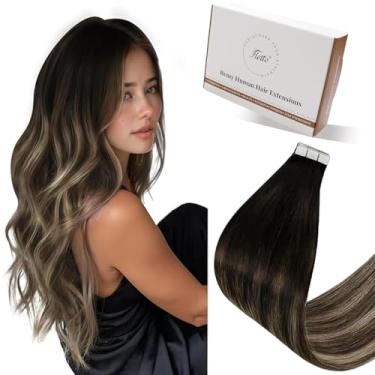 Imagem de Hetto Extensões de cabelo humano fita ombré com fita adesiva em extensões de cabelo humano preto ombré a loiro médio com fita loira morango em extensão liso sedoso natural 30 cm 40 g 20 peças