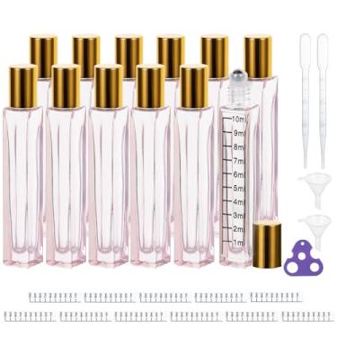Imagem de Yebeauty Frascos de rolo de vidro para óleos essenciais, frascos de viagem de 10 ml para massagem com óleo com tampa de alumínio dourado, pacote com 12 bolas de perfume rosa vazias com abridor, funil