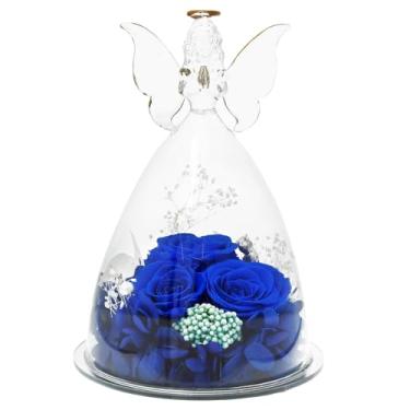 Imagem de Rosa de flor preservada, anjo de vidro com rosas preservadas, presentes de rosas de anjo para mãe, presentes de rosa para o dia dos namorados, estatuetas de flor eterna em vidro, rosa preservada para