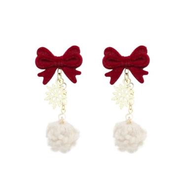 Imagem de Brincos femininos de floco de neve de Natal com laço vermelho com pingente de árvore de Natal, brincos de pompom, joias de inverno para presentes, no, Metal, Sem pedra preciosa