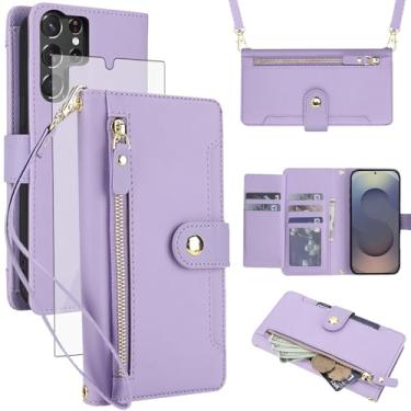 Imagem de Asuwish Capa de celular para Samsung Galaxy S24 Ultra 5G com zíper carteira, com protetor de tela de vidro temperado e alça transversal, suporte para cartão de crédito S24Ultra 24S S 24 24Ultra