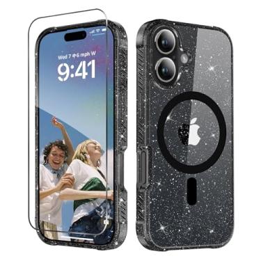 Imagem de MIODIK Capa compatível com iPhone 17, [compatível com Magsafe] com protetor de tela, capa de telefone feminina com glitter transparente, capa protetora à prova de choque para 17 6,3 polegadas - preto