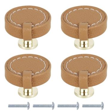 Imagem de Puxador de gaveta de couro, redondo, 4 peças, puxador de armário moderno, puxador de porta de colisão de fácil instalação, puxador de porta de guarda-roupa para armário de armário e cômoda ZJMCAJY