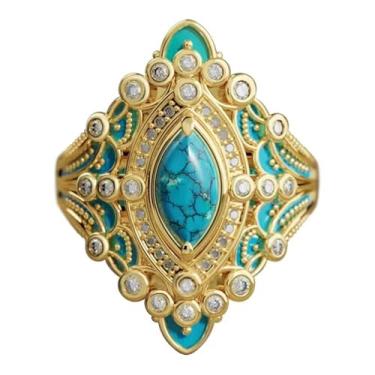 Imagem de Ganquya Anéis de joias vintage estilo britânico banhado a ouro 18 quilates turquesa azul esmaltado pintado a ouro 18 quilates para mulheres, joias de aniversário, presente tamanho 6-10 (7)