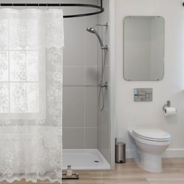 Imagem de FINECITY Cortina de chuveiro de renda marfim para box de chuveiro pequeno, 1 painel, L 91 x C 198 cm, cortina de renda transparente com estampa floral rústica Cottagecore com saia anexada, decoração