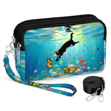 Imagem de BIAOTIE Bolsas de pulso para mulheres, bolsas transversais pequenas de nylon com alça ajustável 3 zíperes carteira de pulso organizador de telefone, Gato azul, Compact