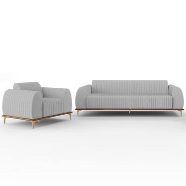 Imagem de Kit Sofá 2 Lugares Sala Estar 150cm E Poltrona Molino Pés D`ouro D02 Linho Cinza D-315 - Lyam Decor