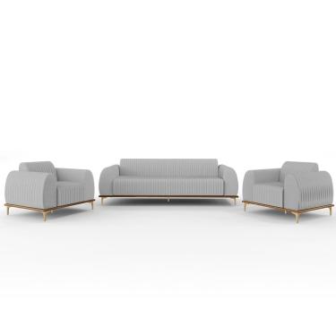 Imagem de Kit Sofá 3 Lugares 180cm Com 2 Poltronas Molino Pés D`ouro D02 Linho Cinza D-315 - Lyam Decor