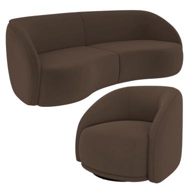 Imagem de Kit Sofá 4 Lugares Eron 240cm Com Poltrona Giratória Angelina M03 Veludo Marrom - Lyam Decor