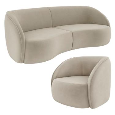 Imagem de Kit Sofá 4 Lugares Eron 240cm Com Poltrona Giratória Angelina M03 Veludo Bege - Lyam Decor