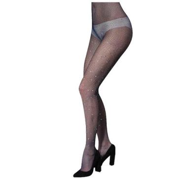 Imagem de Meia-calça feminina sexy diamantes brilhantes meias arrastão oco malha
