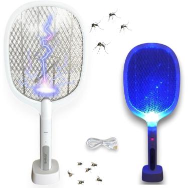 Imagem de Raquete Elétrica Mata Mosquito Pernilongo Insetos. Armadilha Com Base E Luz Roxa Led Uv Com Cabo USB Bivolt cor branca