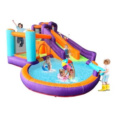 Imagem de Pula-Pula Castelo Inflável Roxo com Escorregador Duplo – Parque Aquático Infantil, Tecido Oxford 420D/840D, Soprador Incluso, Uso Molhado e Seco, Alta Resistência