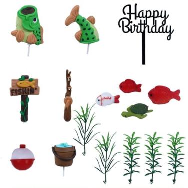 Imagem de UGPLM 16x Topo de bolo de pesca Tema pescador Enfeites DIY Decoração de aniversário Decorações de bolo para chá de bebê Aposentadoria Feriado
